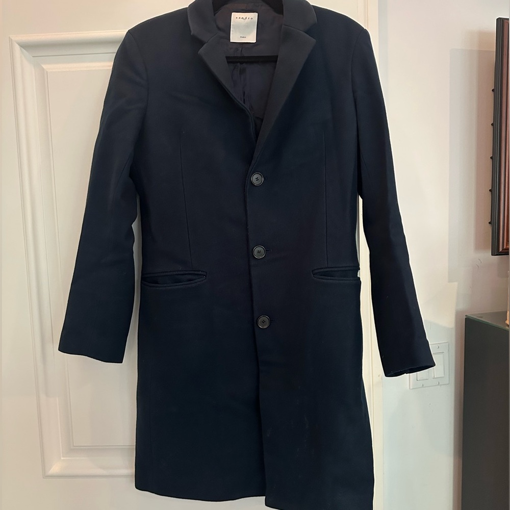 Sandro Paris Wool-Cashmere Blend Coat –Men’s Small – Navy Blue